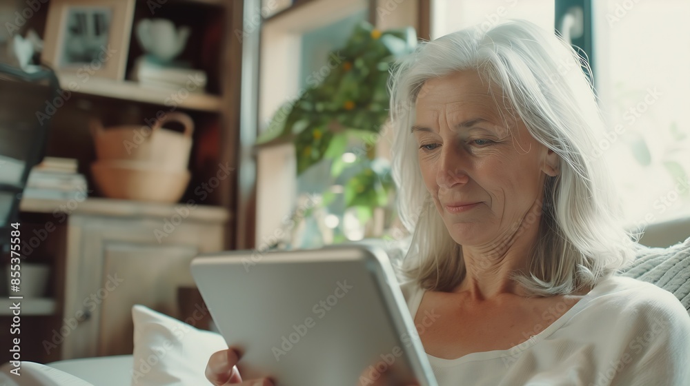 Beautiful middleaged woman using a computer tablet to read a book and surf internet Modern technologies used by elderly people Mature woman using digital tablet at home : Generative AI Beautiful middleaged woman using a computer tablet to read a book and surf internet Modern technologies used by elderly people Mature woman using digital tablet at home : Generative AI