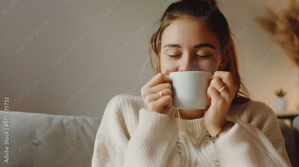 Portrait of Relaxing young woman holding cup enjoy smell coffee or tea and drinking with happiness in morning while sit on sofa in living roomFree timetake break in homesmiling : Generative AI Portrait of Relaxing young woman holding cup enjoy smell coffee or tea and drinking with happiness in morning while sit on sofa in living roomFree timetake break in homesmiling : Generative AI