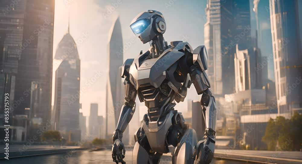 A robot stands tall in front of a modern cityscape dominated by advanced technology and automation A cityscape dominated by advanced robotics and automation 4k A robot stands tall in front of a modern cityscape dominated by advanced technology and automation A cityscape dominated by advanced robotics and automation 4k