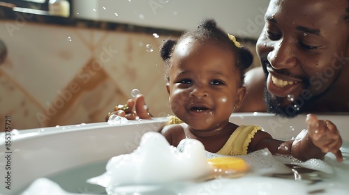 Happy African family father bathing kid in tub dad washing and cleaning his little toddler girl daughter child in bath Cheerful toddle baby infant having fun while taking bubble bath i : Generative AI