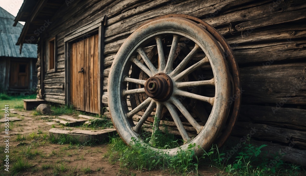 Obraz premium Old wooden wheel by a rustic cabin