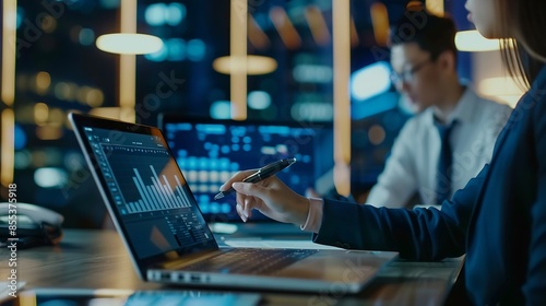 Asian project manager uses laptop displayed data analysis while professional business team brainstorming marketing idea at business meeting Working togethersharing idea planing strateg : Generative AI