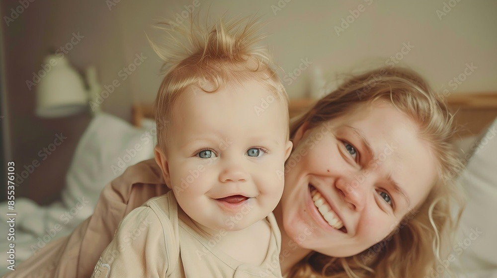 Portrait of smiling cute little baby and happy beautiful young mother bonding at home Mom parent and toddler sweet blonde child enjoying time together smiling and cuddling bedroom back : Generative AI Portrait of smiling cute little baby and happy beautiful young mother bonding at home Mom parent and toddler sweet blonde child enjoying time together smiling and cuddling bedroom back : Generative AI
