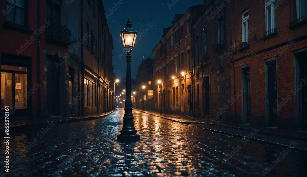 Fototapeta premium Rainy evening with lamppost on cobblestone street