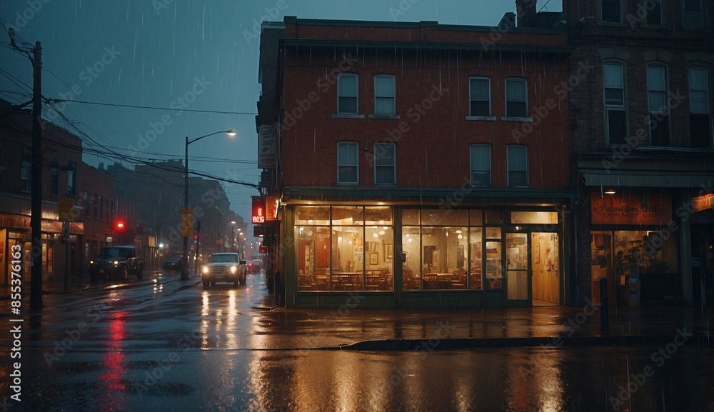 Naklejka premium Rainy night view outside a corner store