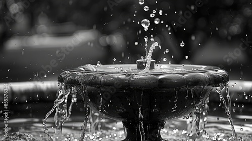 Monochrome fountain with streaming water and droplet photo