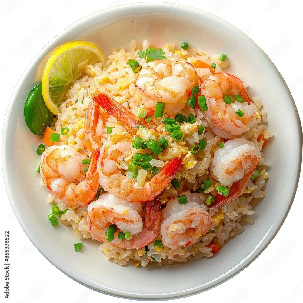 Delicious Indonesian fried rice with shrimp, viewed from above, isolated on white Delicious Indonesian fried rice with shrimp, viewed from above, isolated on white
