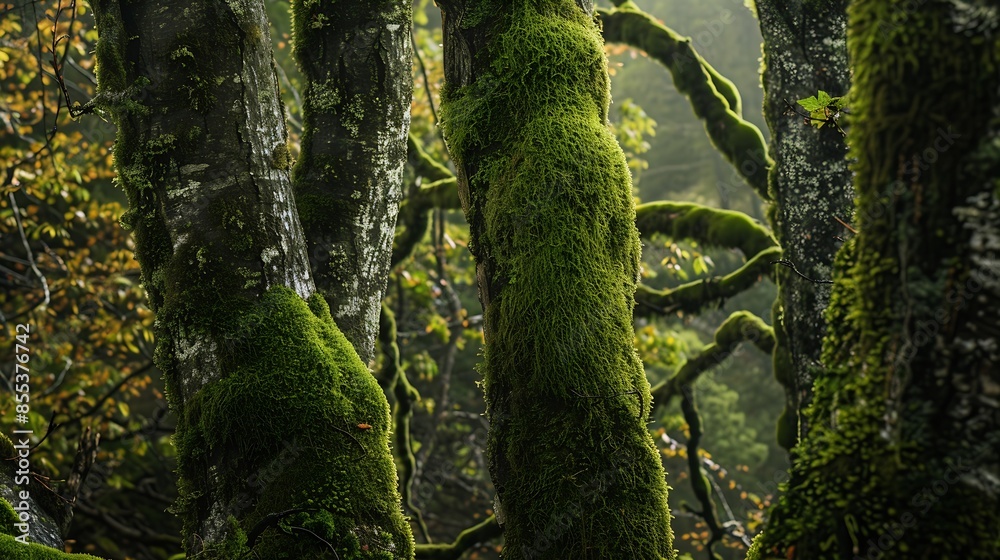 Fototapeta premium Close up lush green moss envelops the trees in the mystical woods of Torla in Ordesa National Park Spain creating an enchanting natural tapestry : Generative AI