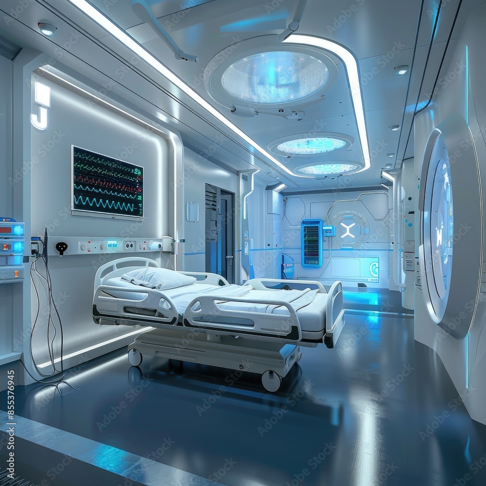 Obraz premium Futuristic hospital room equipped with IoT devices for patient comfort and health tracking-