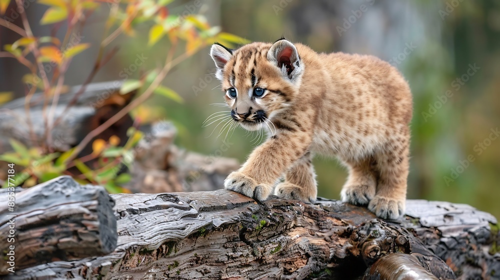 Obraz premium Young cougar puma mountain lion cub playing on a fallen log Captive animal : Generative AI