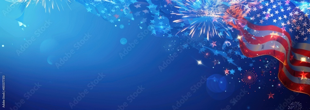 background with an American flag and fireworks in the sky, blue background Generative AI background with an American flag and fireworks in the sky, blue background Generative AI