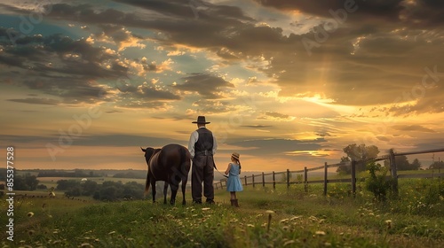 Amish Family with animals View Sunset Sugarcreek Ohio created 082322 : Generative AI photo