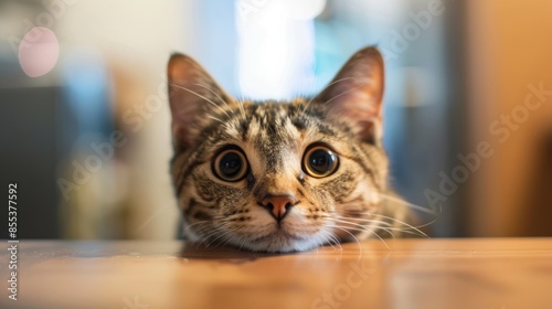 A close-up of a cute tabby cat with large, curious eyes resting its head on a table, showcasing an adorable and playful expression.