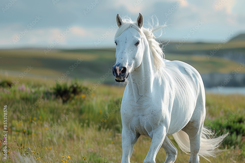 Obraz premium A beautiful white horse sprints across a verdant autumn field, showcasing its healthy and happy demeanor.