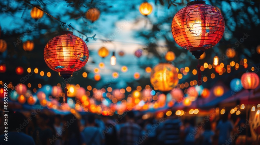 Obraz premium Bright and colorful lanterns illuminate a bustling night market festival, creating a festive and lively atmosphere with bokeh lighting.