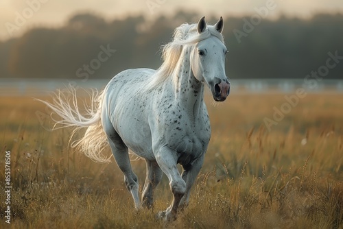 A beautiful white horse sprints across a verdant autumn field, showcasing its healthy and happy demeanor.
