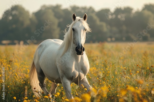 A beautiful white horse sprints across a verdant autumn field, showcasing its healthy and happy demeanor.