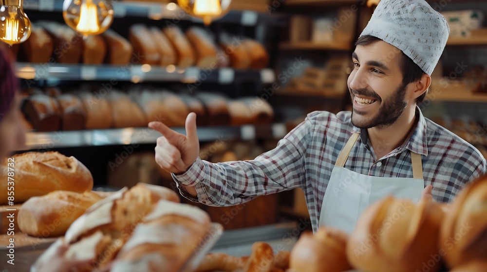 Happy man pointing at bread he wants to buy while talking to a baker in supermarket bakery : Generative AI Happy man pointing at bread he wants to buy while talking to a baker in supermarket bakery : Generative AI