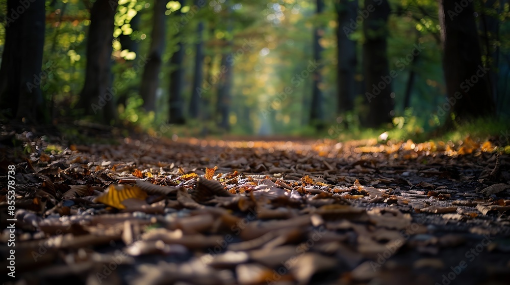 Close up of a forest path full of leaves : Generative AI Close up of a forest path full of leaves : Generative AI