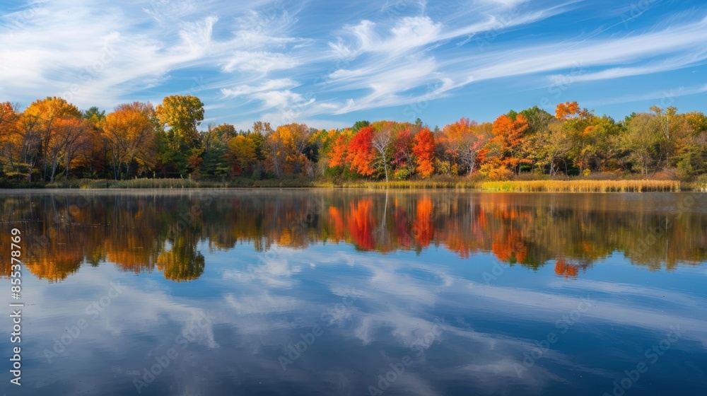 Colorful autumn trees reflected in a calm lake with a vibrant blue sky, creating a serene and picturesque landscape. Colorful autumn trees reflected in a calm lake with a vibrant blue sky, creating a serene and picturesque landscape.