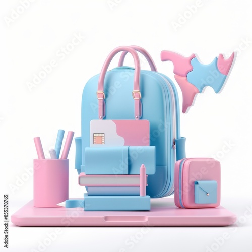 A blue backpack with pink straps and pink and blue accents