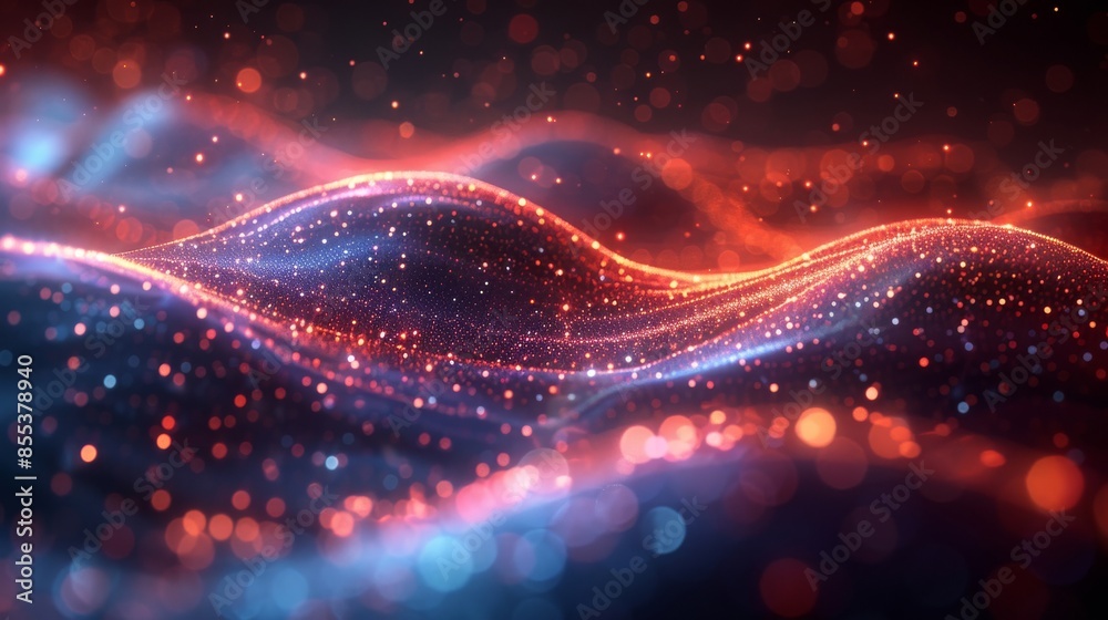 Obraz premium Abstract wavy neon lights with colorful bokeh, futuristic digital landscape. Technology and innovation concept