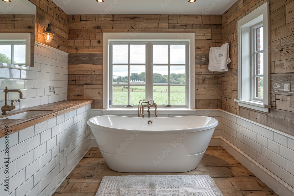 White and Wooden Bathroom with Tub and Sink White and Wooden Bathroom with Tub and Sink