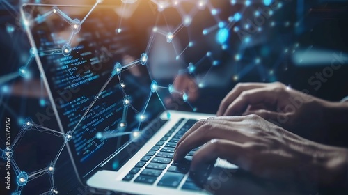 Blockchain technology transaction concept Businessman use laptop on blockchain global networking data network connect Internet cyber security binary coded Crypto chain blockchain techn : Generative AI