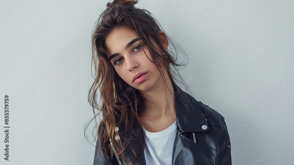 Portrait of beautiful young fashion model girl with leather jacket and white tshirt on white : Generative AI Portrait of beautiful young fashion model girl with leather jacket and white tshirt on white : Generative AI