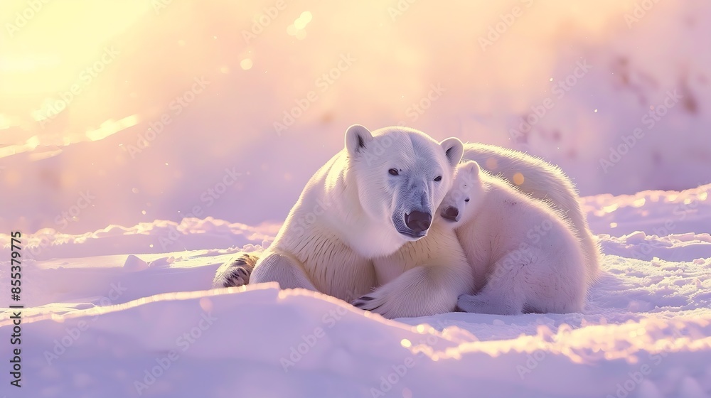 polar bear family mother and baby together relax on snow clean and bright white snowfield background with golden sun light : Generative AI polar bear family mother and baby together relax on snow clean and bright white snowfield background with golden sun light : Generative AI