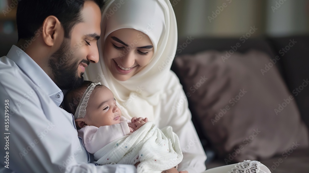 Obraz premium Arabic Muslim parents share a tender moment with their newborn daughter radiating love and joy in their home : Generative AI
