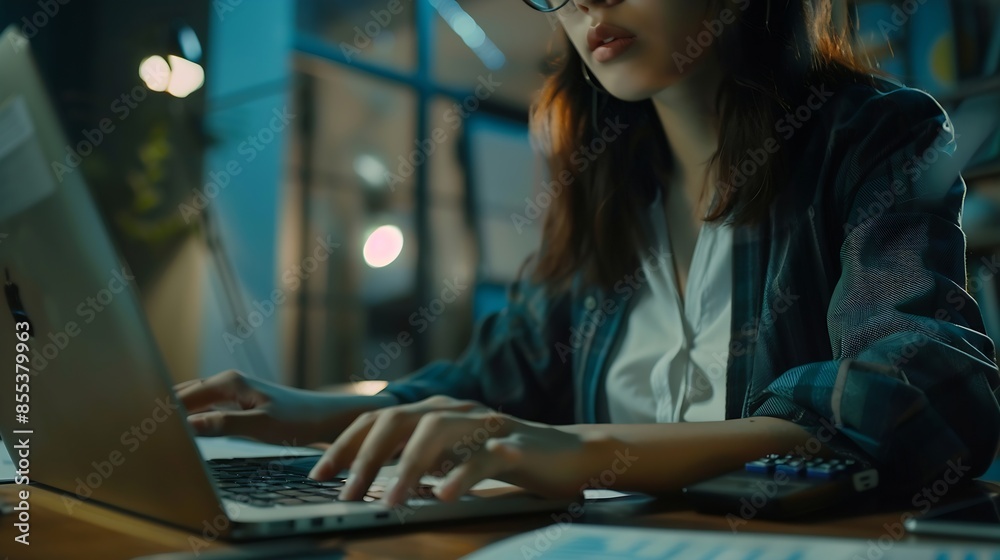 Asian Business woman using calculator and laptop for doing math finance on an office desk tax report accounting statistics and analytical research concept : Generative AI Asian Business woman using calculator and laptop for doing math finance on an office desk tax report accounting statistics and analytical research concept : Generative AI