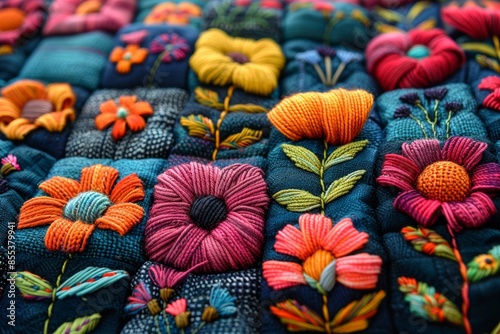 Grids of intricately sewn, embroidered, and knitted rectangles adorned with diverse flowers, colors, designs, and shapes create a vibrant display of creativity.