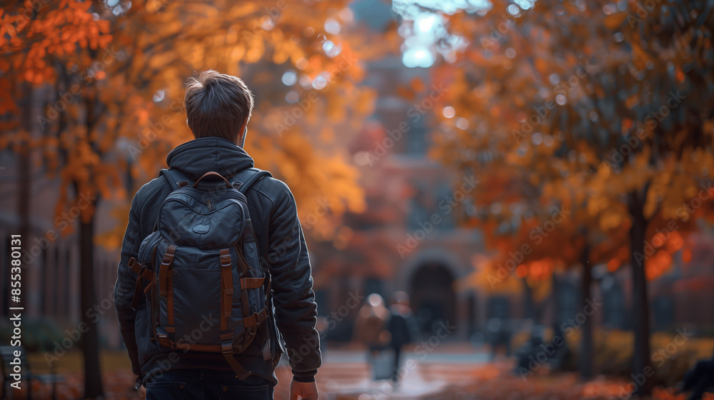 Cinematic shot from the side of a college student with a backpack heading to class, carrying a stack of books Cinematic shot from the side of a college student with a backpack heading to class, carrying a stack of books