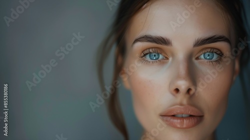 Beauty Beautiful Woman Close Up Portrait Young BlueEyed Model With Perfect Skin And Natural Daily Makeup Looking At Camera : Generative AI photo