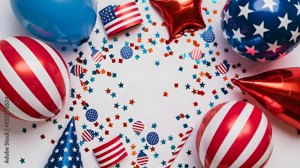 Obraz premium Flat lay composition Patriotic banner design for 4th of July (Independence Day) featuring decorative elements like balloons, paper fans, and confetti