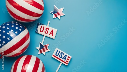 Flat lay composition Patriotic banner design for 4th of July (Independence Day) featuring decorative elements like balloons, paper fans, and confetti