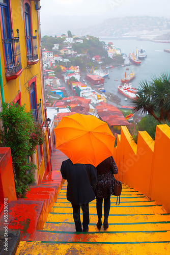 A couple with an umbrella walking down the stairs in a Valparaiso-like city with colorfully painted houses on a cloudy day, creating a vibrant yet atmospheric scene