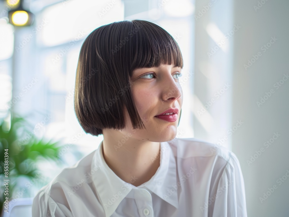 She wore a white collared shirt in the office and her hair was cut very short with wide bangs, her bangs cut in the middle of her forehead She wore a white collared shirt in the office and her hair was cut very short with wide bangs, her bangs cut in the middle of her forehead