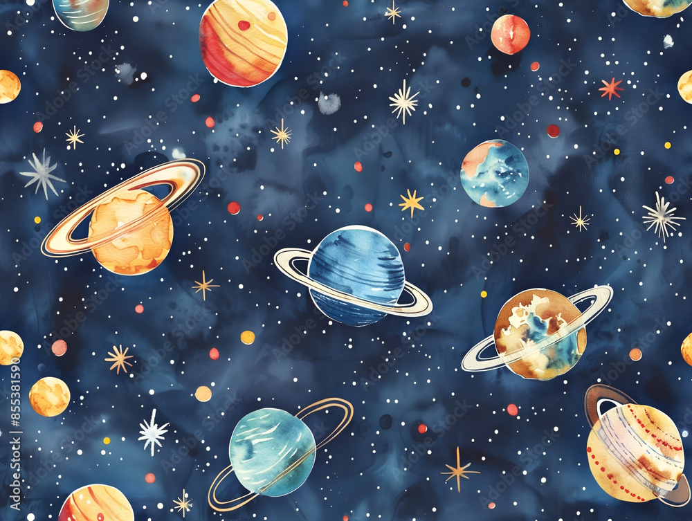 seamless pattern of planets, moons and asteroid in space, watercolor, vibrant colors, dark blue background seamless pattern of planets, moons and asteroid in space, watercolor, vibrant colors, dark blue background