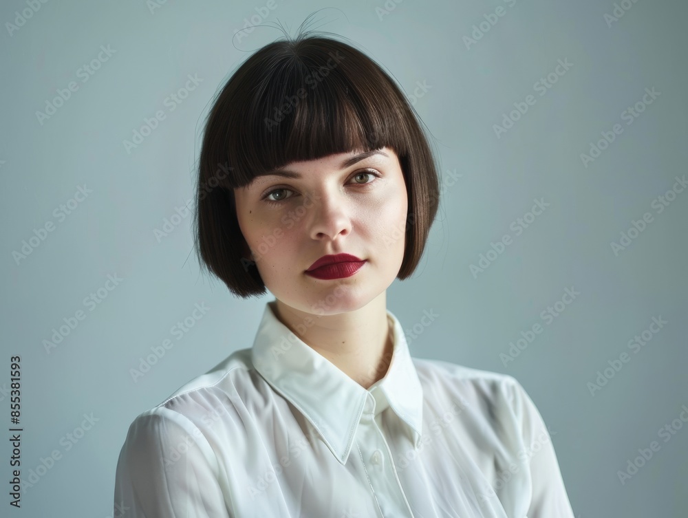 She wore a white collared shirt in the office and her hair was cut very short with wide bangs, her bangs cut in the middle of her forehead She wore a white collared shirt in the office and her hair was cut very short with wide bangs, her bangs cut in the middle of her forehead
