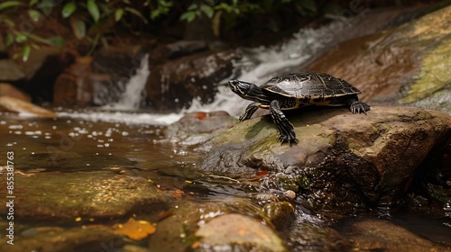 Rare and Critically endangered PooLoo Turtle or Bigheaded turtle Platysternon megacephalum on the rocks in the waterfall stream in its habitat the natural forest of northern Thailand : Generative AI photo
