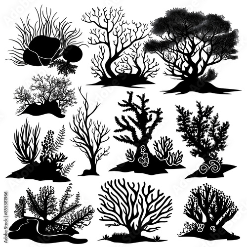 black silhouettes tropical coral on white background,