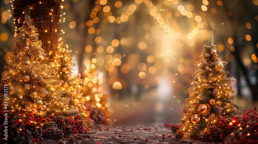 Beautifully decorated Christmas trees with golden lights and ornaments, creating a magical holiday atmosphere with warm bokeh background.