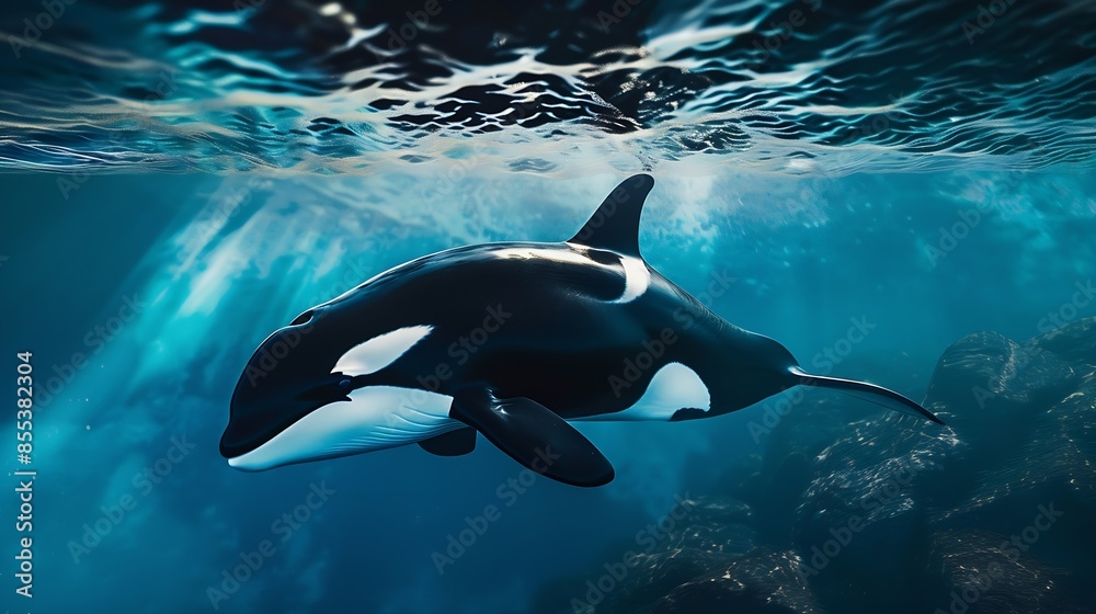 A magnificent baby killer whale swims up close to his mothers body in closeup : Generative AI A magnificent baby killer whale swims up close to his mothers body in closeup : Generative AI