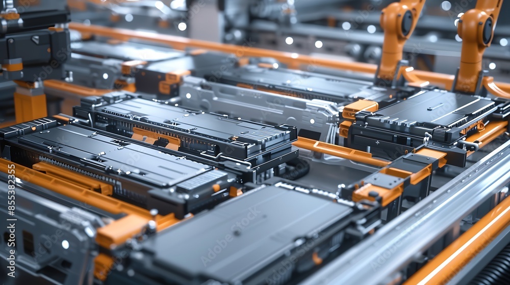 Modern EV Factory On Automated Production Line Robot Arms Transporting Automotive Battery Modules onto Conveyor Belt Electric Car Battery Pack Manufacturing Process : Generative AI Modern EV Factory On Automated Production Line Robot Arms Transporting Automotive Battery Modules onto Conveyor Belt Electric Car Battery Pack Manufacturing Process : Generative AI
