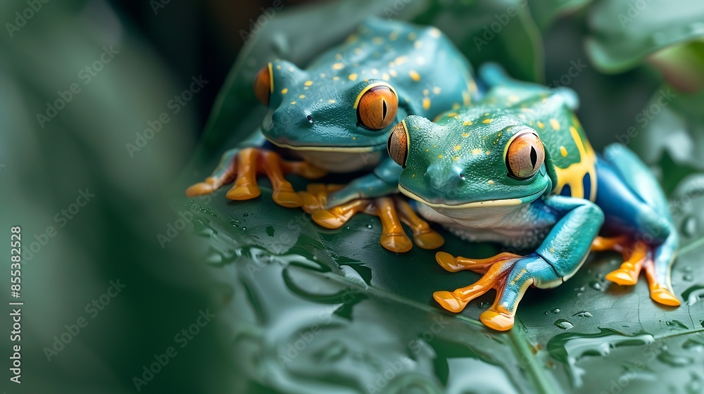 Rare Australian Turquoise Tree Frogs Litoria Caerulea resting on an artificial leaf : Generative AI Rare Australian Turquoise Tree Frogs Litoria Caerulea resting on an artificial leaf : Generative AI