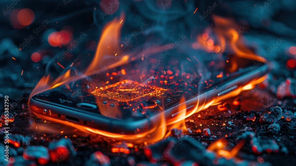 A smartphone on fire, depicting the concept of overheating, danger, and technological failure. A smartphone on fire, depicting the concept of overheating, danger, and technological failure.