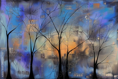 Abstract illustration of bare black trees with a textured, colorful background in orange, blue and purple