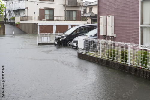 Foto 短期間集中豪雨で冠水した道路